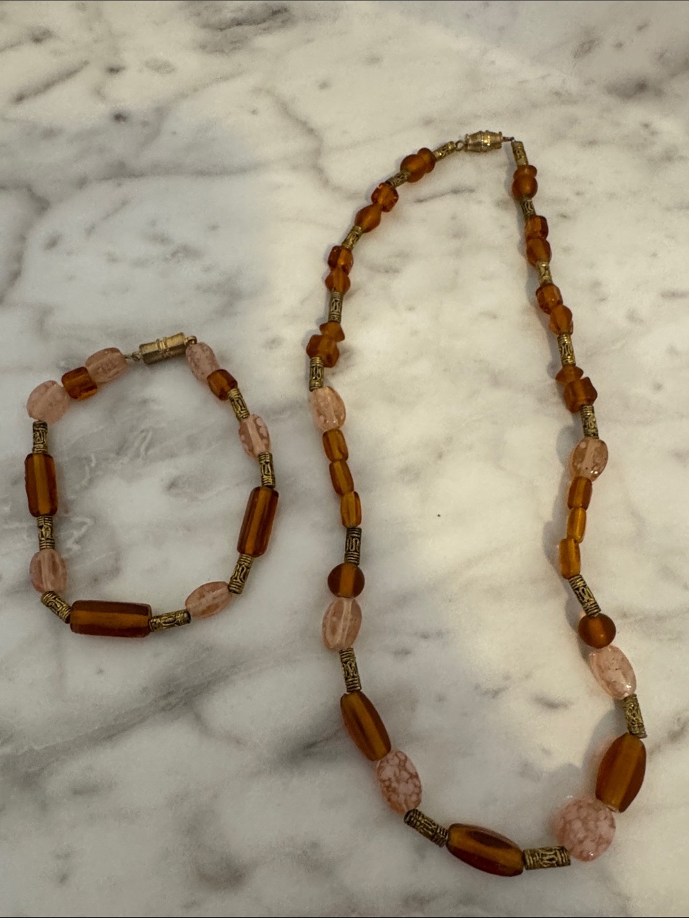 Amber & Blush Beaded Necklace and Bracelet Set